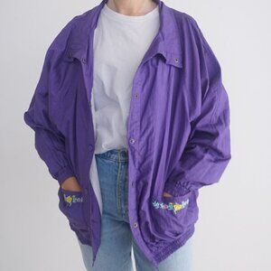Totes Purple Embroidered Floral Button Up Cotton Lined Windbreaker Jacket Xl